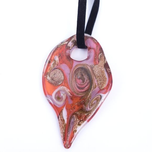 Glass Pendant with Orange and Bronze Swirls with White, Black Velvet - Picture 2 of 4